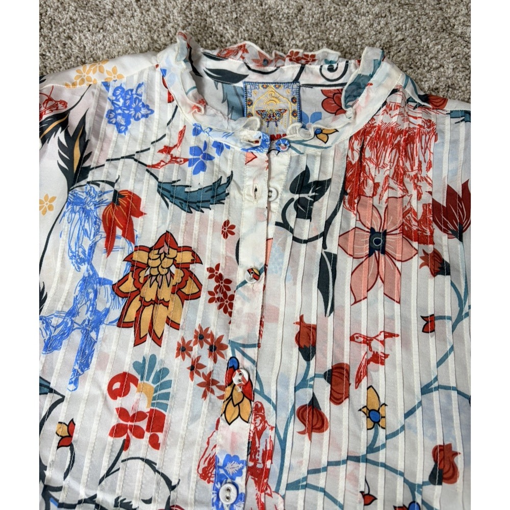 Johnny Was 100% Silk Floral Blouse Top Boho Ruffle Sleeve Button Front LARGE